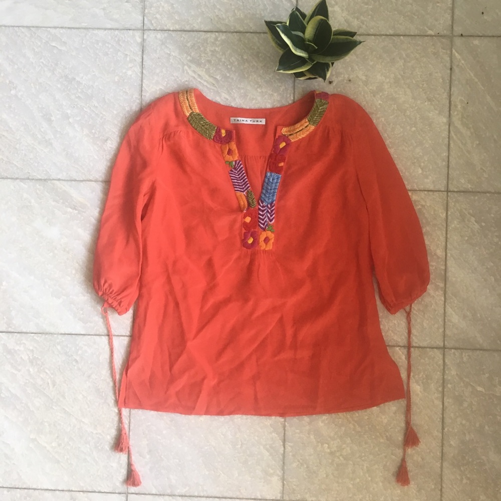 Trina Turk Orange Embroidered Silk Blouse L